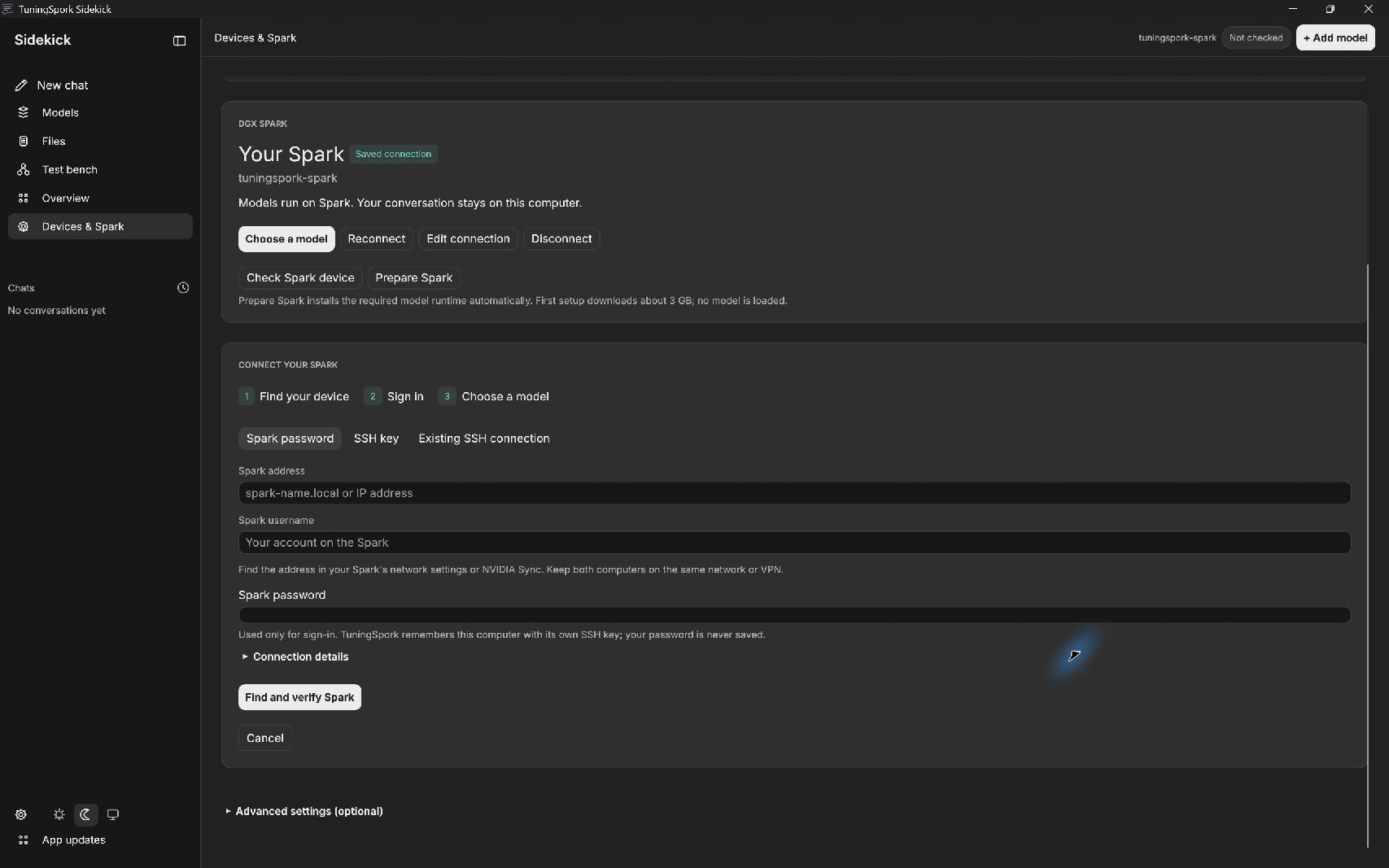 TuningSpork Sidekick 0.1.17 development preview: guided SSH sign-in, automatic folders, and connection controls.